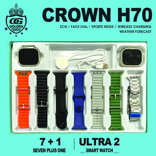 Crown H70 7 + 1 Ultra 2 | Crown H70 Ultra-2 Smart Watch – 7+1 Straps, Cover & Protector, Wireless Charging